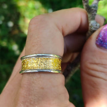 Load image into Gallery viewer, The wide Text-ure ring in silver and gold by NZ jeweller David McLeod.
