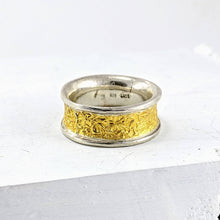 Load image into Gallery viewer, The wide Text-ure ring in silver and gold by NZ jeweller David McLeod. 
